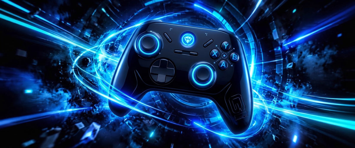 Black wireless game controller with glowing blue thumbsticks and ABXY buttons in a neon light vortex
