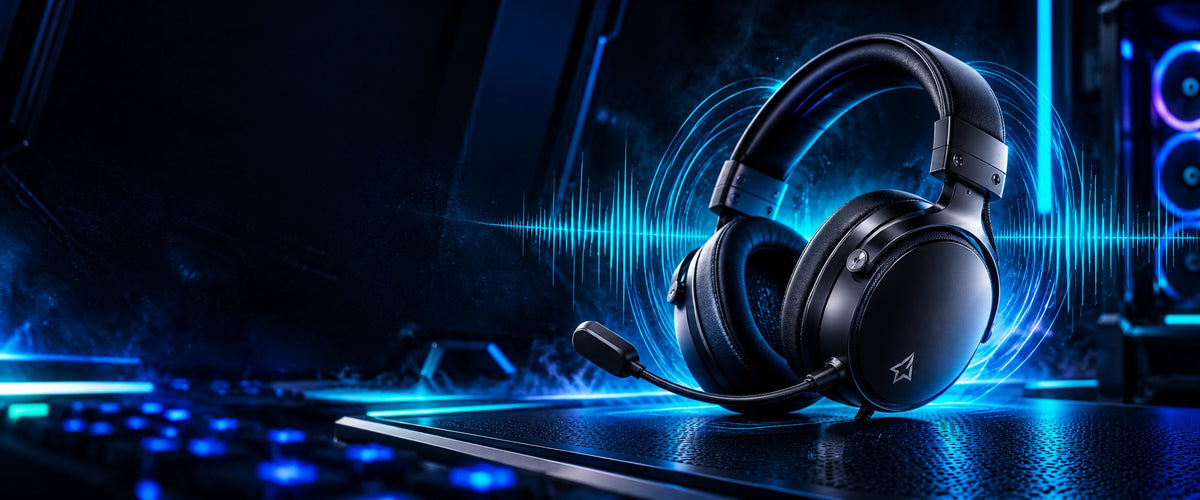 Black gaming headset with boom mic surrounded by glowing blue sound waves