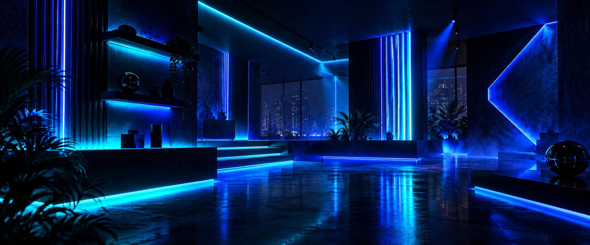 Modern room lit with blue and cyan LED strip lighting and a city skyline view
