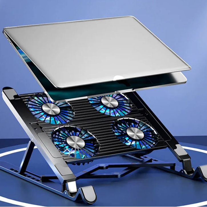 Laptop cooling stand with multiple fans on a blue background