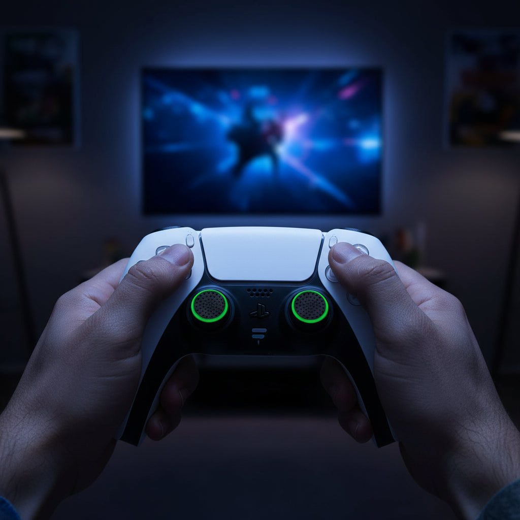 Set of gaming controller joystick caps with a white gaming controller