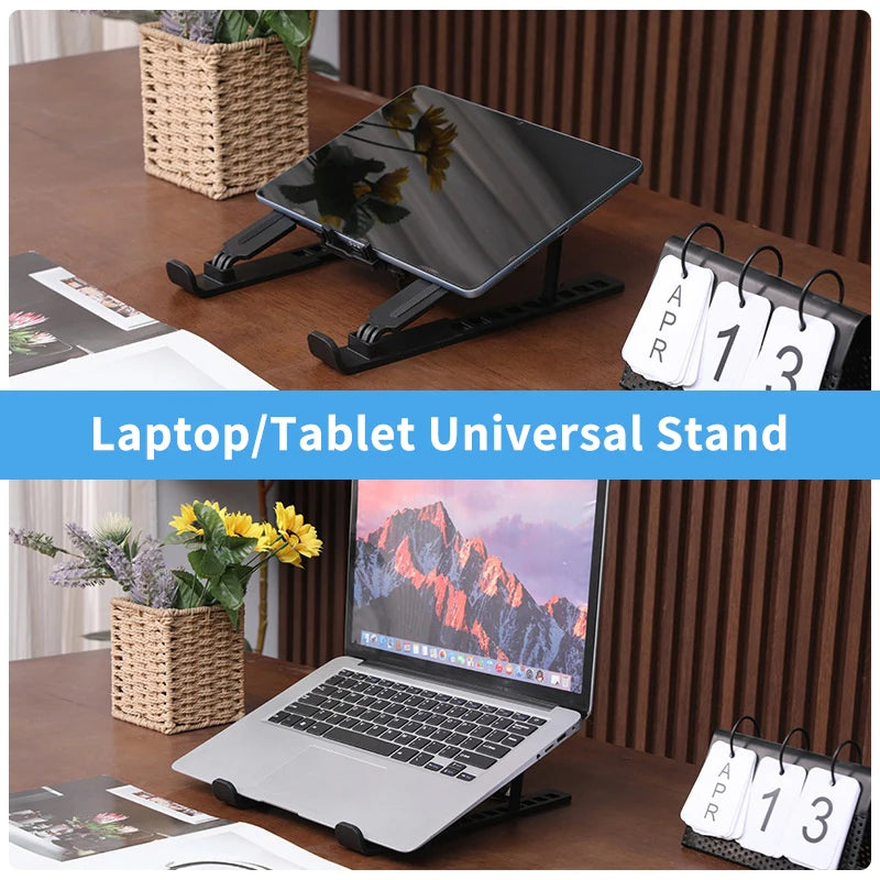 Laptop/Tablet Universal Stand on a desk with a laptop and decorative items.