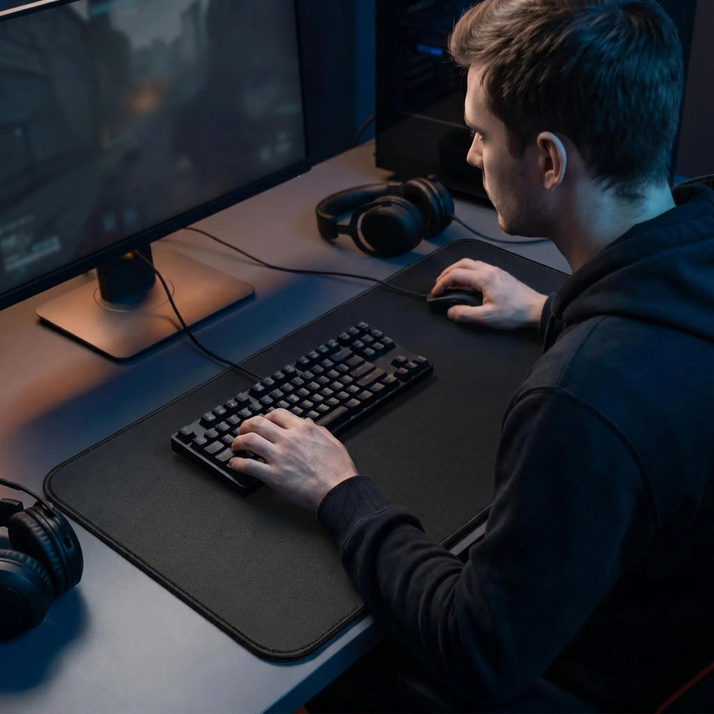 A man seated at a desk using a keyboard and mouse on a large black gaming desk mat in a dimly lit room. Headphones, a computer monitor, and overlaid marketing text reading 'For Gaming Mastery' and 'Uninterrupted focus in every match' are visible.
