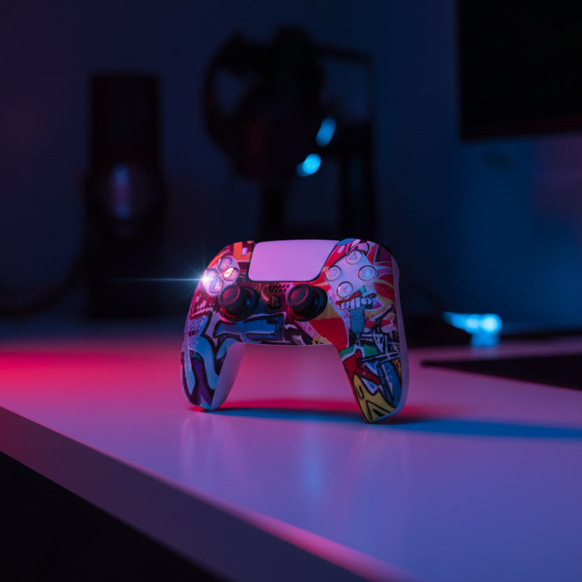 Colorful gaming controller skins with two black donut-shaped gifts on a white background