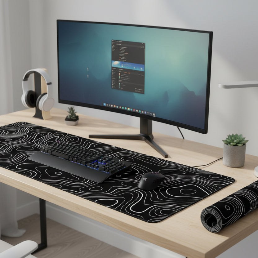 Black and white topographic design mouse pad with a smaller roll of the same design below.