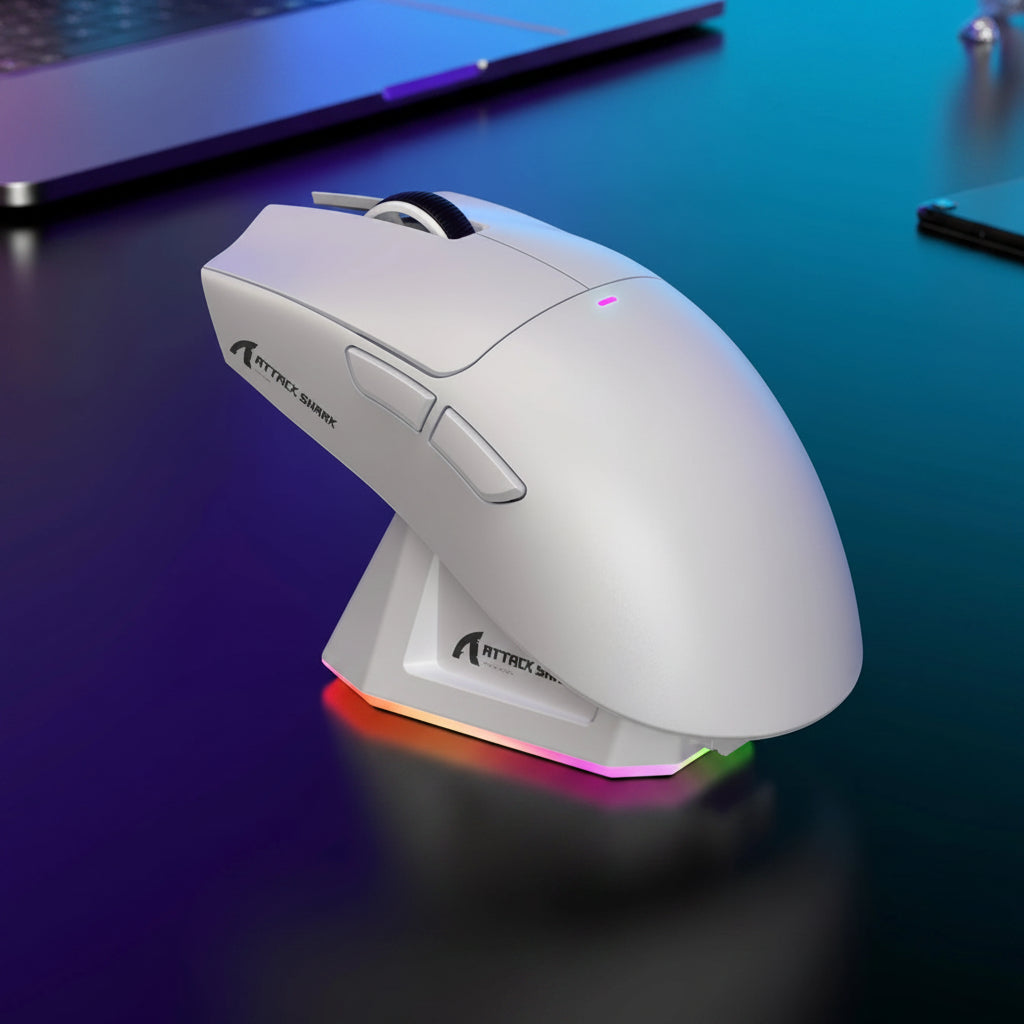 Attack Shark X11 superlight gaming mouse on a dark surface with text and icons.