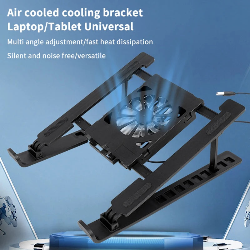 Air cooled cooling bracket for laptop and tablet on a blue gradient background