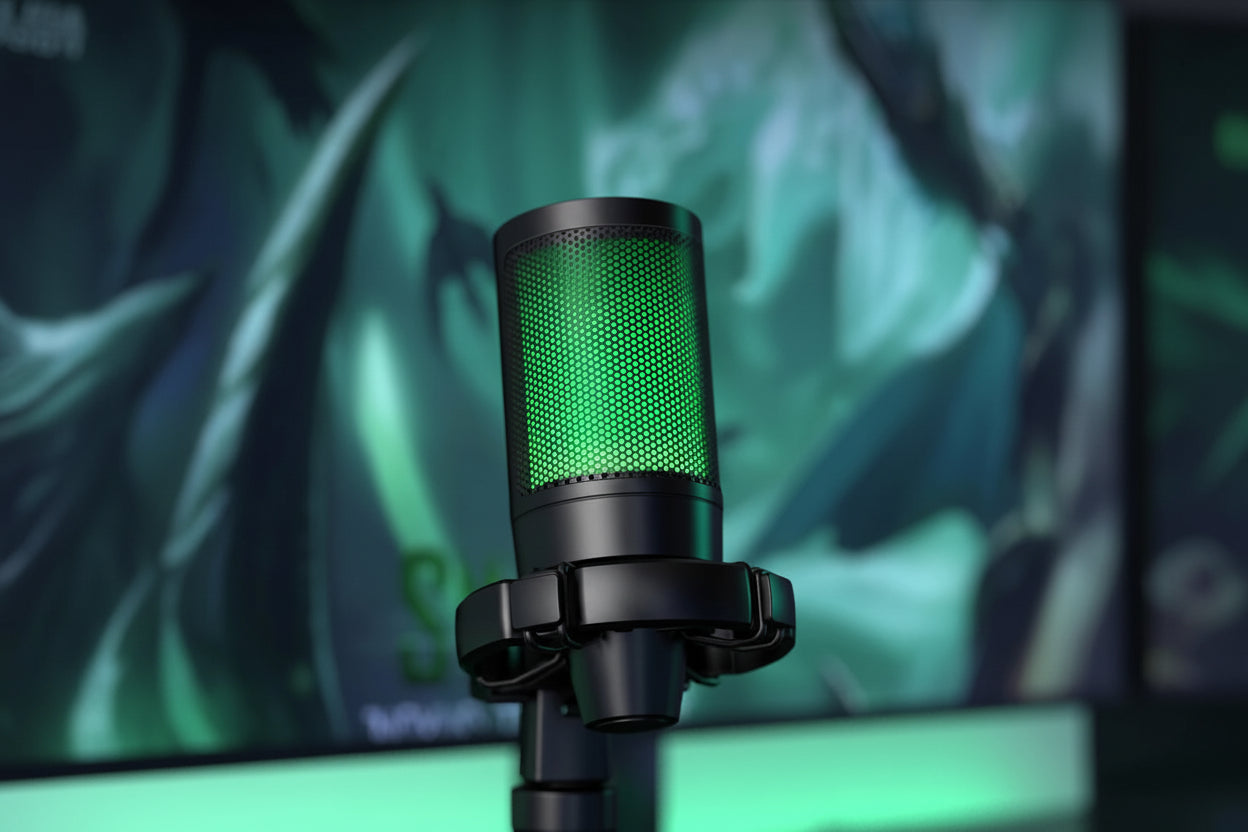 Gaming microphone with RGB lighting effects on a blurred background