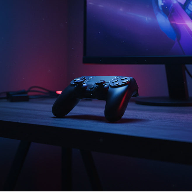 Black gaming controller with compatibility icons for PS4, PC, and PS3 on a gaming desk