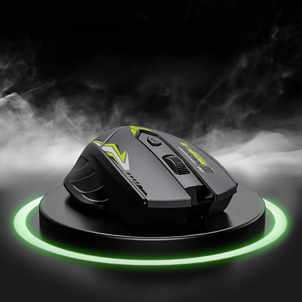 Black gaming mouse with green accents on a dark background with smoke effects, labeled '6 Buttons Mouse'.